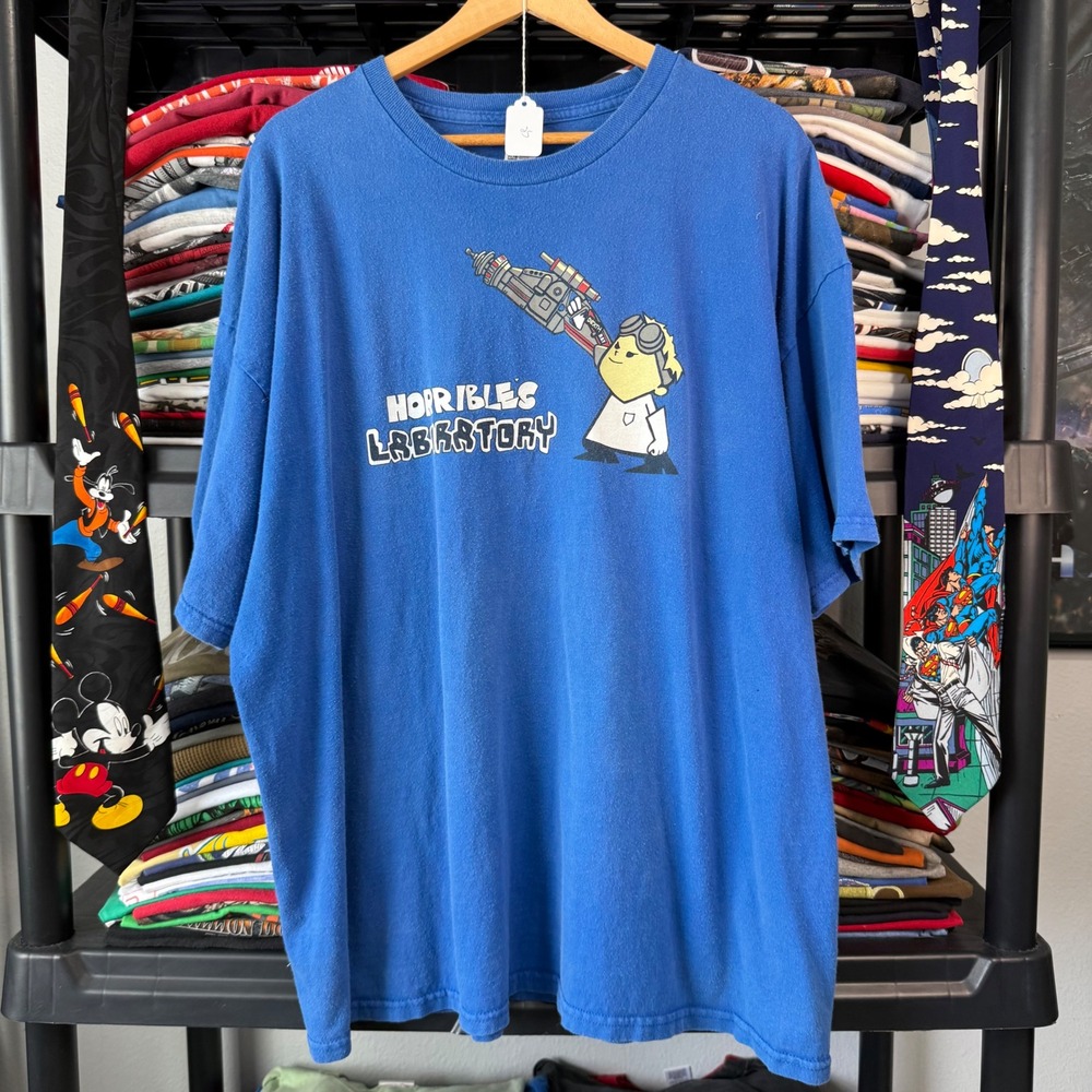 Y2K Blue Dr Horrible Laboratory Mashup Graphic Tee 2XL Light Fading